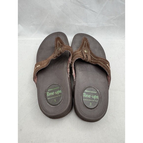 Skechers Tone Ups Womens Size 8 Brown Leather Thong Sandals Flip Flops - Picture 2 of 5